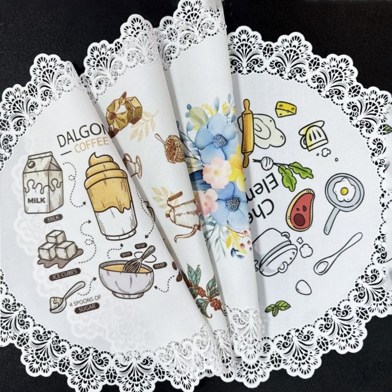 2-Pack Round PVC Lace Coffee-Printed Placemats, Waterproof, Oil-Resistant, Heat-Insulating, Non-Slip Table Mats—Coffee Design - Image 2