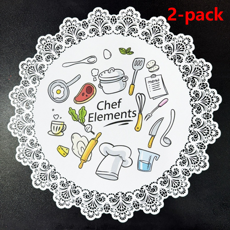 2-Pack Round PVC Lace Coffee-Printed Placemats, Waterproof, Oil-Resistant, Heat-Insulating, Non-Slip Table Mats - Cartoon Design - Image 1
