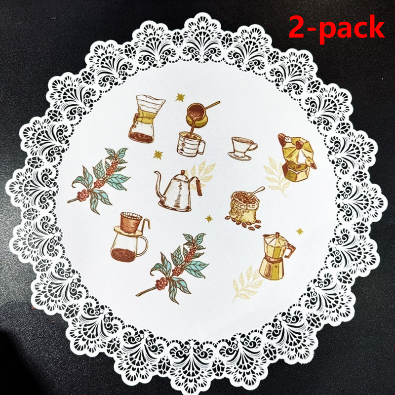 2-Pack Round PVC Lace Coffee-Printed Placemats, Waterproof, Oil-Resistant, Heat-Insulating, Non-Slip Table Mats - Hand-Painted Design - Image 1