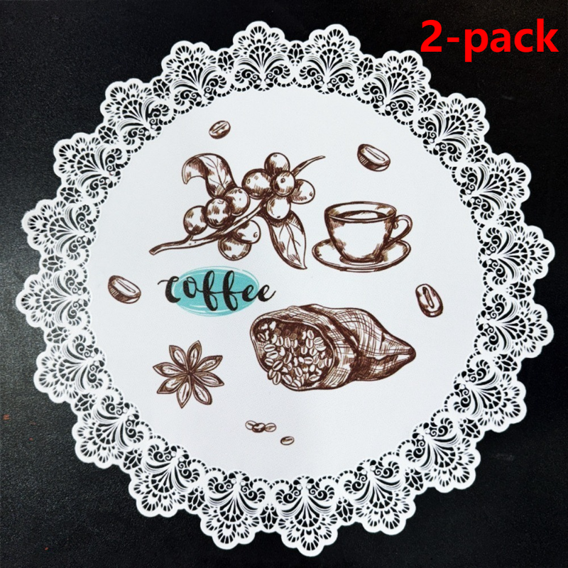 2-Pack Round PVC Lace Coffee-Printed Placemats, Waterproof, Oil-Resistant, Heat-Insulating, Non-Slip Table Mats - Coffee Design - Image 1