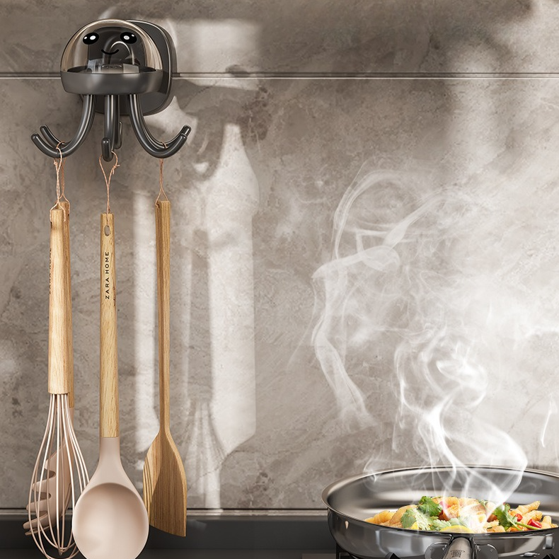 Octopus Rotating No-Drill Hook, Multi-Purpose Strong Adhesive 6-Claw Kitchen Utensil Wall Storage Rack—Gray - Image 3