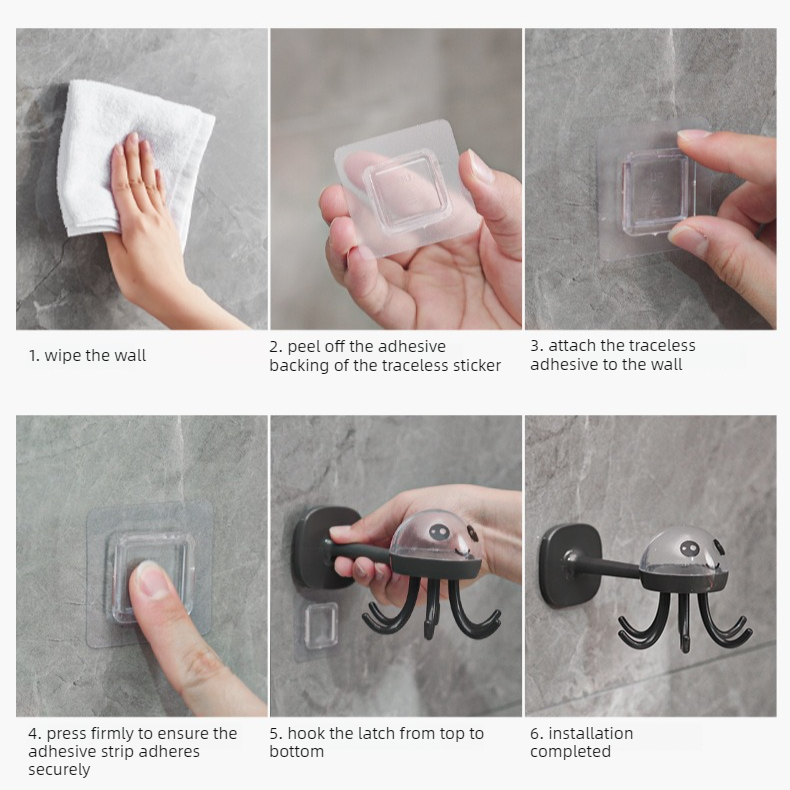 Octopus Rotating No-Drill Hook, Multi-Purpose Strong Adhesive 6-Claw Kitchen Utensil Wall Storage Rack—Gray - Image 4