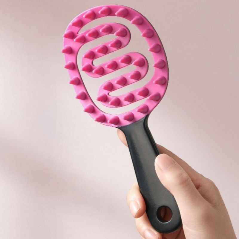 Long-Handle Hollow Hair Shampoo Brush, TPR Soft-Bristle Scalp Massager, Wet & Dry Hair—Black + Pink - Image 1