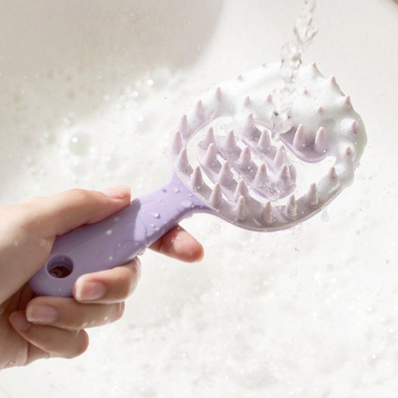 Long-Handled Hollow Hair Shampoo Brush, TPR Soft-Bristle Scalp Massager, for Wet & Dry Hair—Purple - Image 4