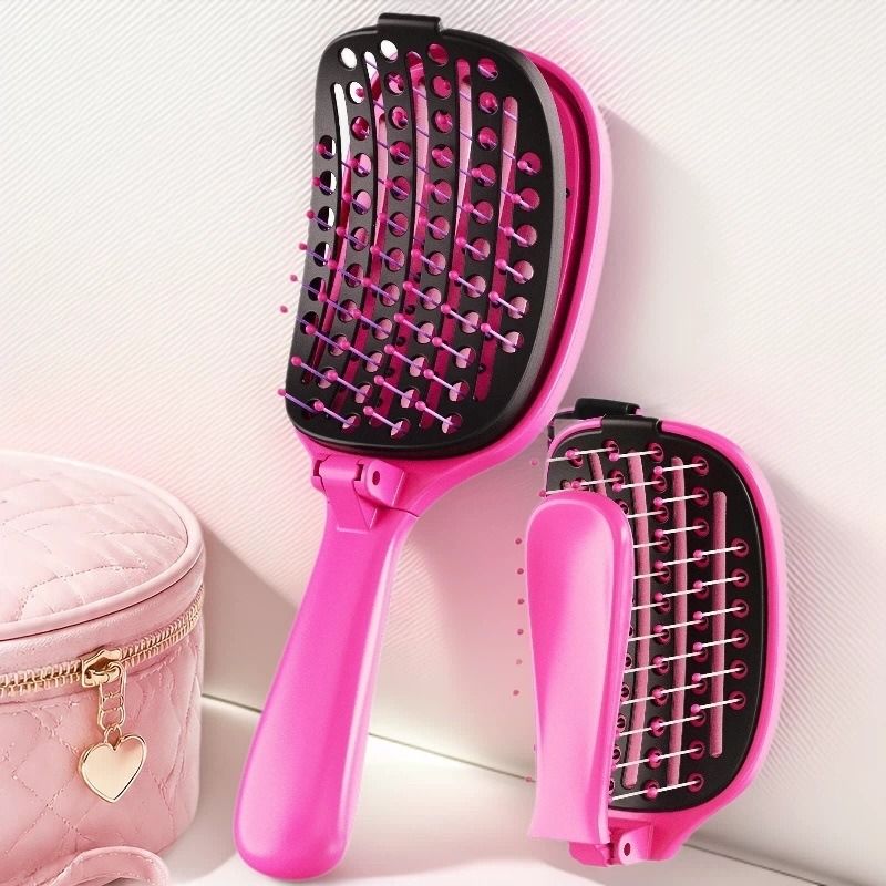 Self-Cleaning Foldable Vent Hair Brush, Portable Detachable Volumizing Scalp Massage Comb—Black + Pink - Image 1
