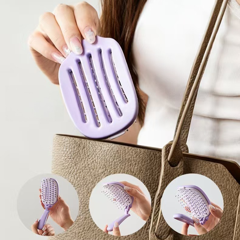 Self-Cleaning Foldable Vent Hair Brush, Portable Detachable Volumizing Scalp Massage Comb—Pink - Image 3
