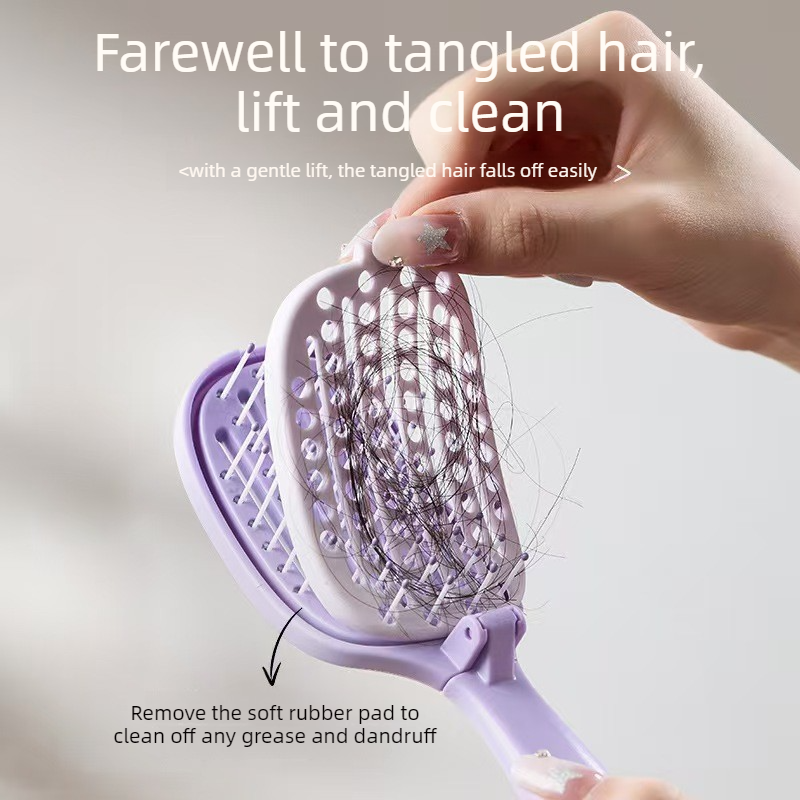 Self-Cleaning Foldable Vent Hair Brush, Portable Detachable Volumizing Scalp Massage Comb—Purple - Image 2