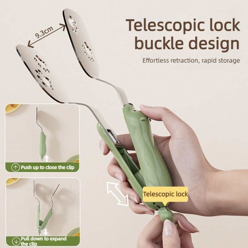 2-in-1 Spatula Tongs, Extended Stainless Steel Oil-Draining Food Tongs, Heat-Resistant Steak Turner—Green - Image 2