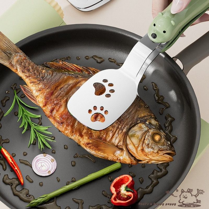2-in-1 Spatula Tongs, Extended Stainless Steel Oil-Draining Food Tongs, Heat-Resistant Steak Turner—Green - Image 5