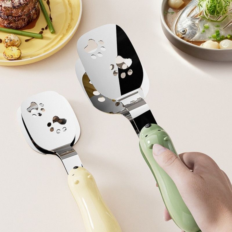 2-in-1 Spatula Tongs, Extended Stainless Steel Oil-Draining Food Tongs, Heat-Resistant Steak Turner—Yellow - Image 3