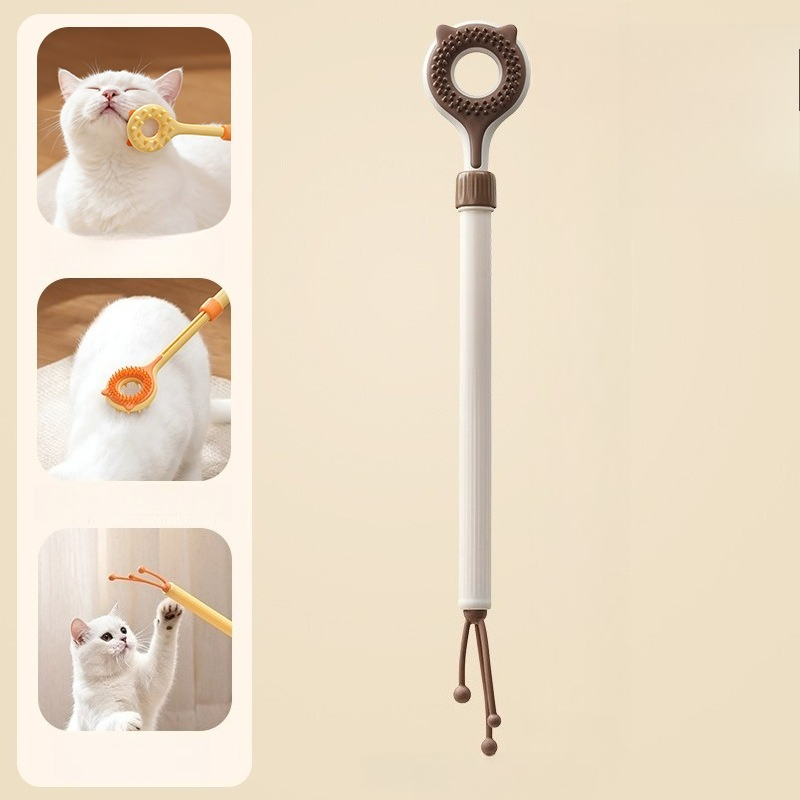 3-in-1 Retractable Pet Scratching Stick, Double-Sided Cat Massage Comb for Cat Grooming—Brown - Image 1