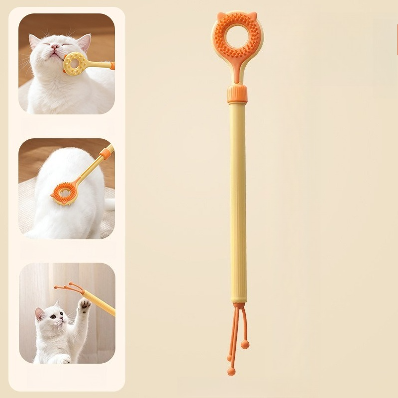 3-in-1 Retractable Pet Scratching Stick, Double-Sided Cat Massage Comb for Cat Grooming—Orange - Image 1