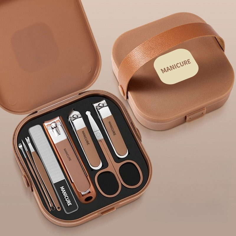 8-Piece Portable Manicure Set with Handheld PP Case, Splash-Proof Steel Nail Clipper Travel Beauty Kit—Brown - Image 1