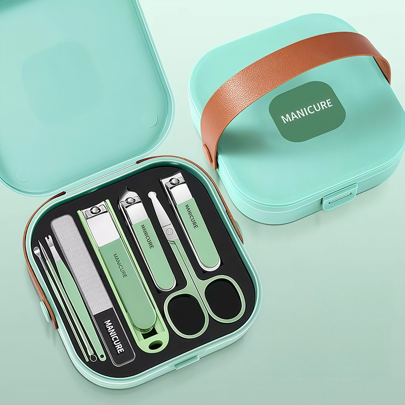 8-Piece Portable Manicure Set with Handheld PP Case, Splash-Proof Steel Nail Clipper Travel Beauty Kit—Green - Image 1