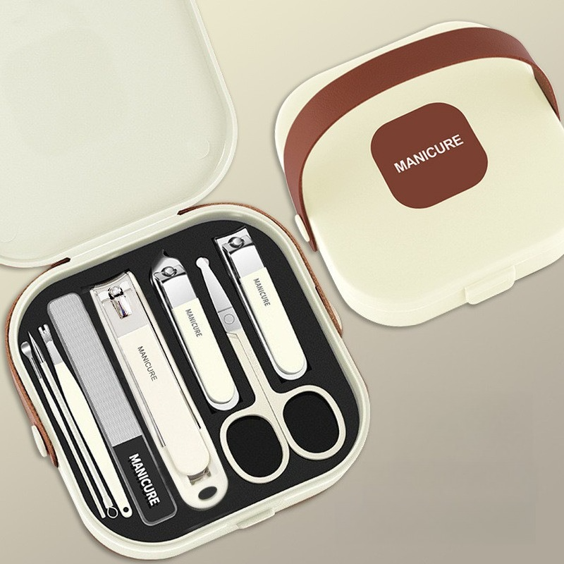 8-Piece Portable Manicure Set with Handheld PP Case, Splash-Proof Steel Nail Clipper Travel Beauty Kit—White - Image 1
