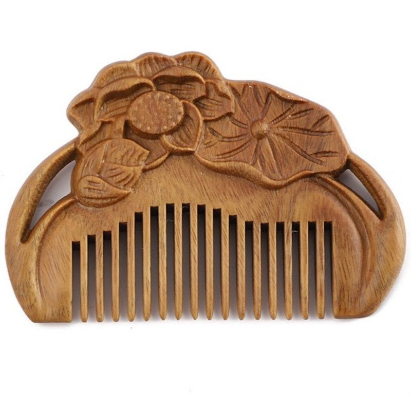 8cm Mini Carved Sandalwood Comb, Vintage Lotus Flower 3D Engraved Portable Anti-Static Wooden Scalp Massage Comb - Image 1