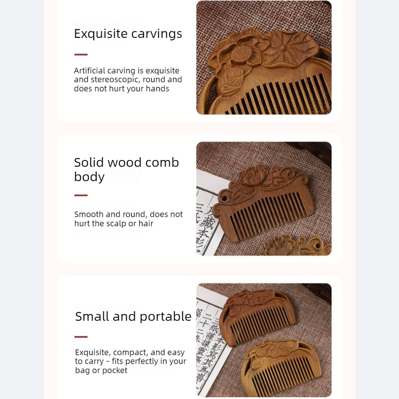 8cm Mini Carved Sandalwood Comb, Vintage Lotus Flower 3D Engraved Portable Anti-Static Wooden Scalp Massage Comb - Image 3