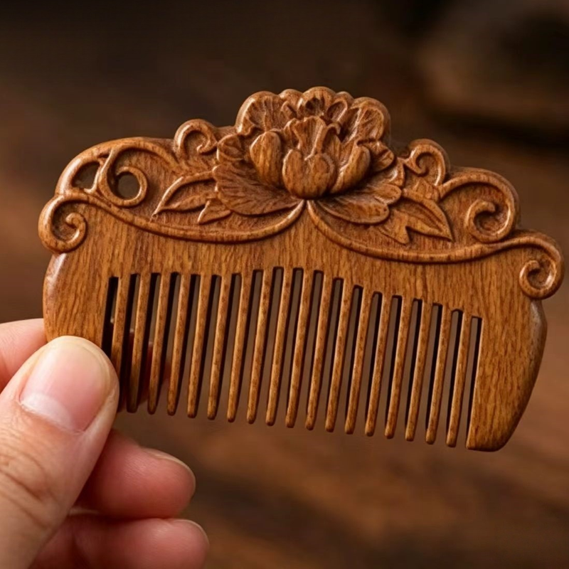 8cm Mini Carved Sandalwood Comb, Vintage Peony Flower 3D Engraved Portable Anti-Static Wooden Scalp Massage Comb - Image 1