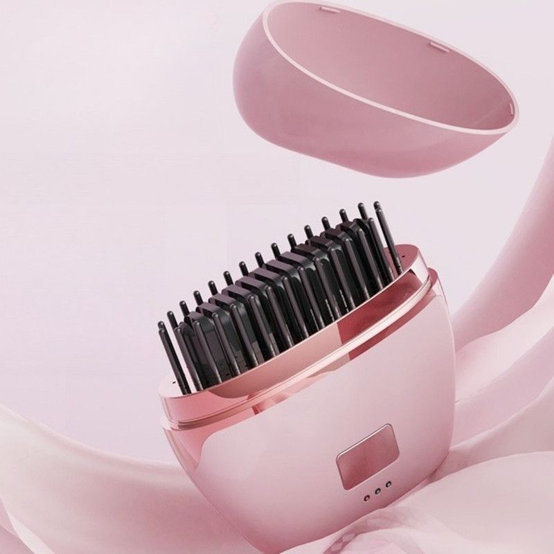 Mini Wireless Negative Ion Hair Straightener Brush, Rechargeable Portable Constant-Temperature Hair Styling Comb for Travel—Pink - Image 1