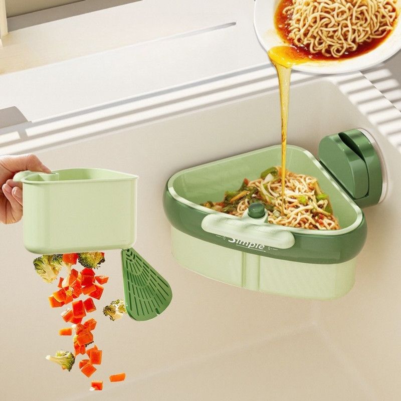 Suction Triangle Sink Drain Basket, Press-On Lid Kitchen Food Residue Filter, Detachable Sink Storage Rack—Green - Image 3