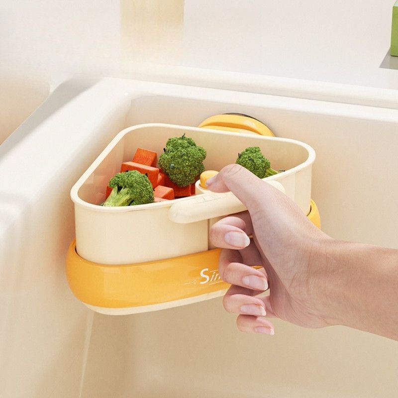 Suction Triangle Sink Drain Basket, Press-On Lid Kitchen Food Residue Filter, Detachable Sink Storage Rack—Orange - Image 4