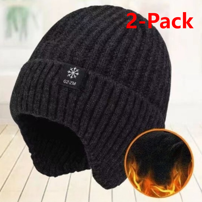 2-Pack—Men's Fleece-Lined Ear Protection Knit Beanie, Warm Thick Winter Hat for Dad or Grandpa—Black - Image 1
