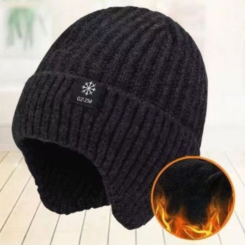 Men's Fleece-Lined Ear Protection Knit Beanie, Warm Thick Winter Hat for Dad or Grandpa—Black - Image 1