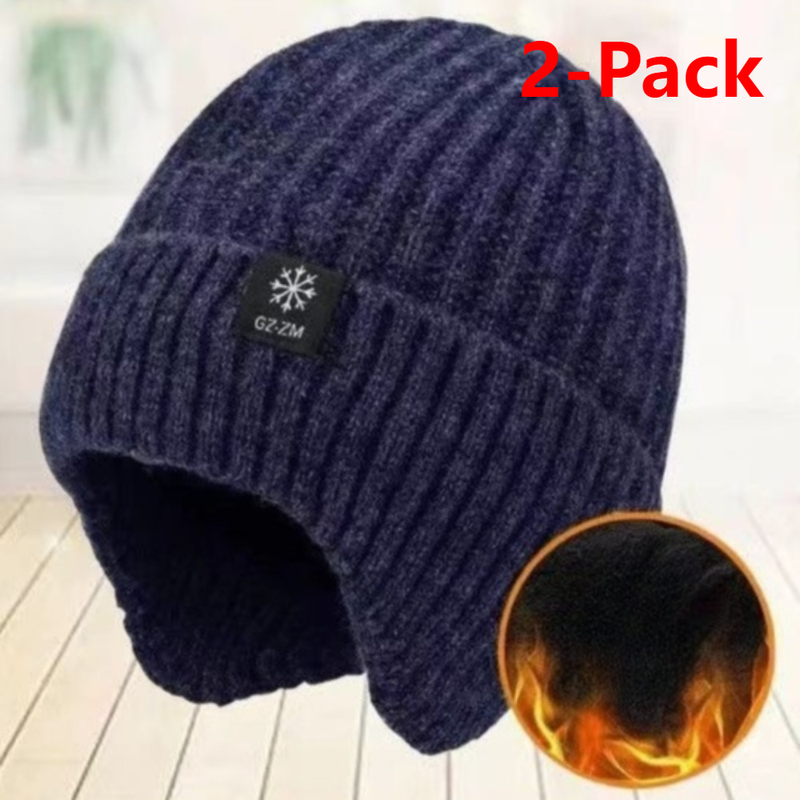 2-Pack - Men's Fleece-Lined Ear Protection Knit Beanie, Warm Thick Winter Hat for Dad or Grandpa - Navy Blue - Image 1