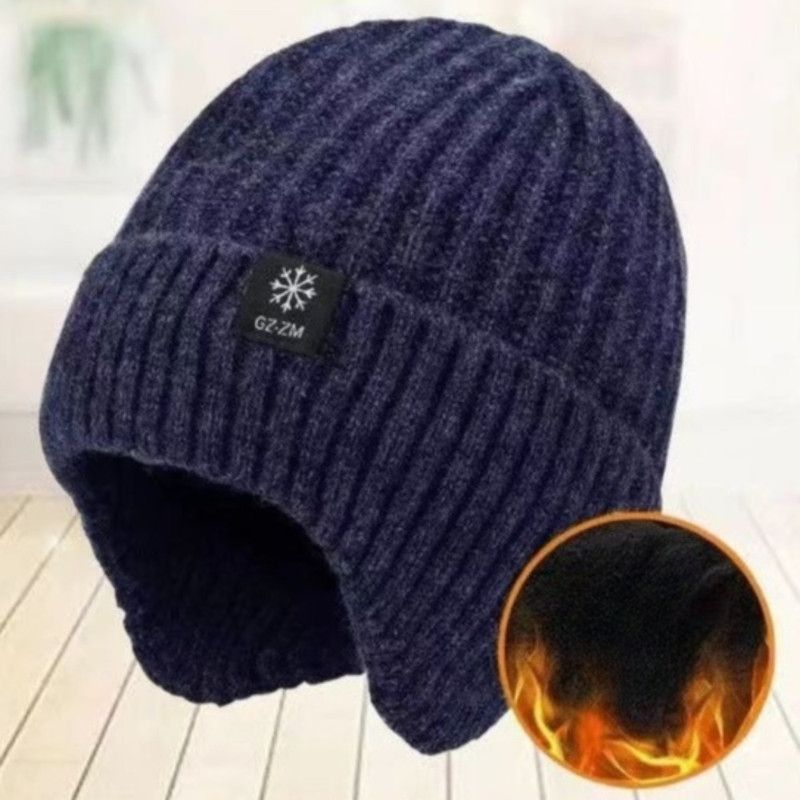 Men's Fleece-Lined Ear Protection Knit Beanie, Warm Thick Winter Hat for Dad or Grandpa - Navy Blue - Image 1