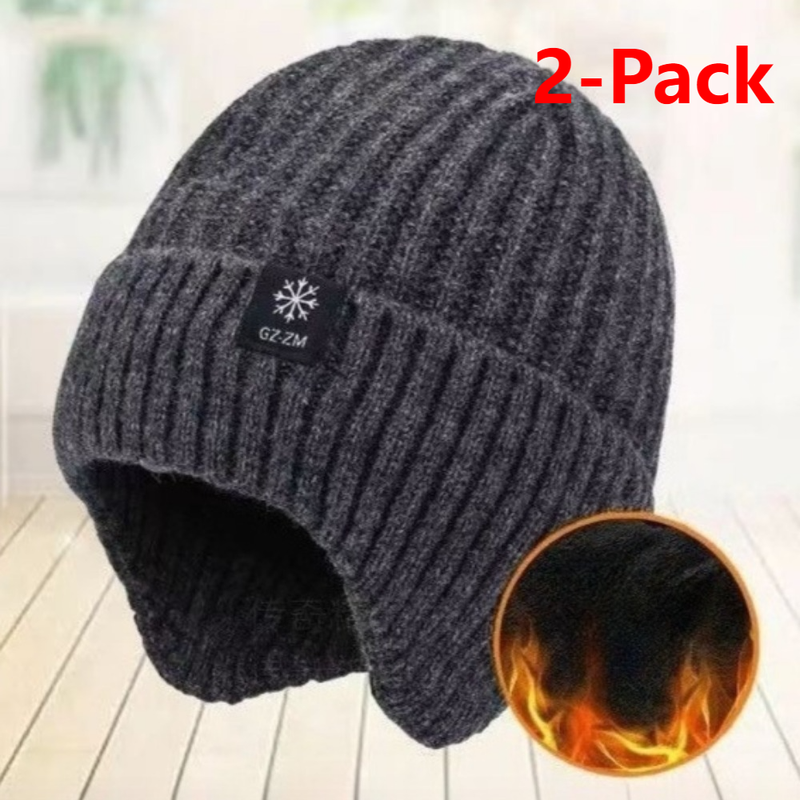 2-Pack - Men's Fleece-Lined Ear Protection Knit Beanie, Warm Thick Winter Hat for Dad or Grandpa - Gray - Image 1