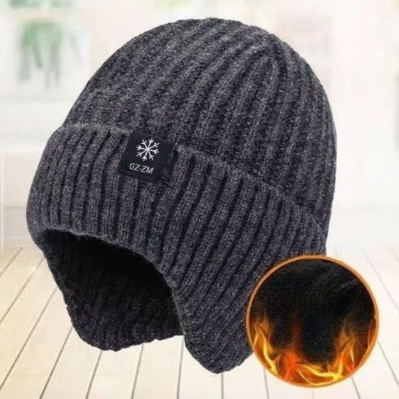 Men's Fleece-Lined Ear Protection Knit Beanie, Warm Thick Winter Hat for Dad or Grandpa—Gray - Image 1