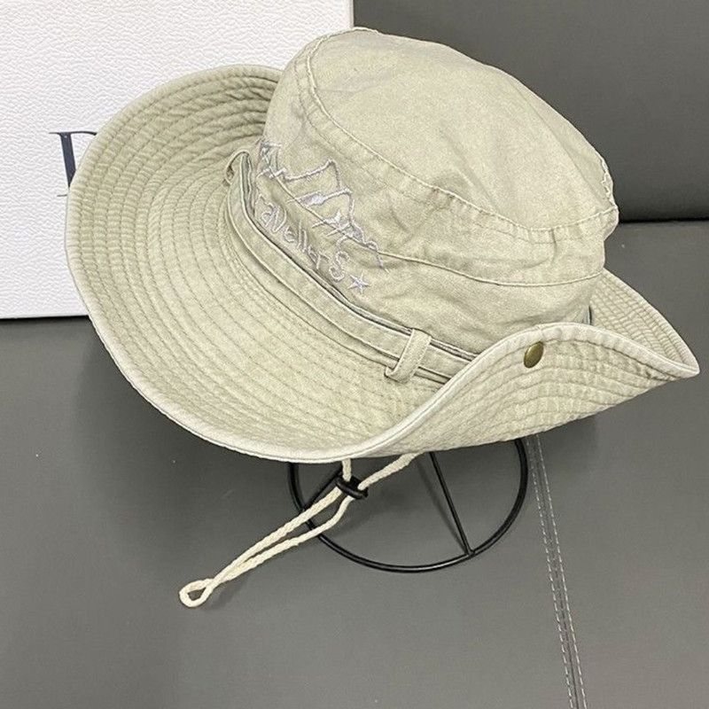 Vintage Washed Embroidered Bucket Hat, Wide-Brim Sun Hat with Drawstring for Hiking and Outdoor Activities - Beige - Image 1