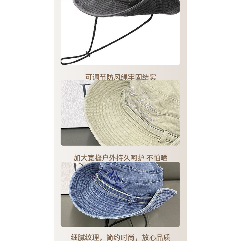Vintage Washed Embroidered Bucket Hat, Wide-Brim Sun Hat with Drawstring for Hiking and Outdoor Activities - Beige - Image 2