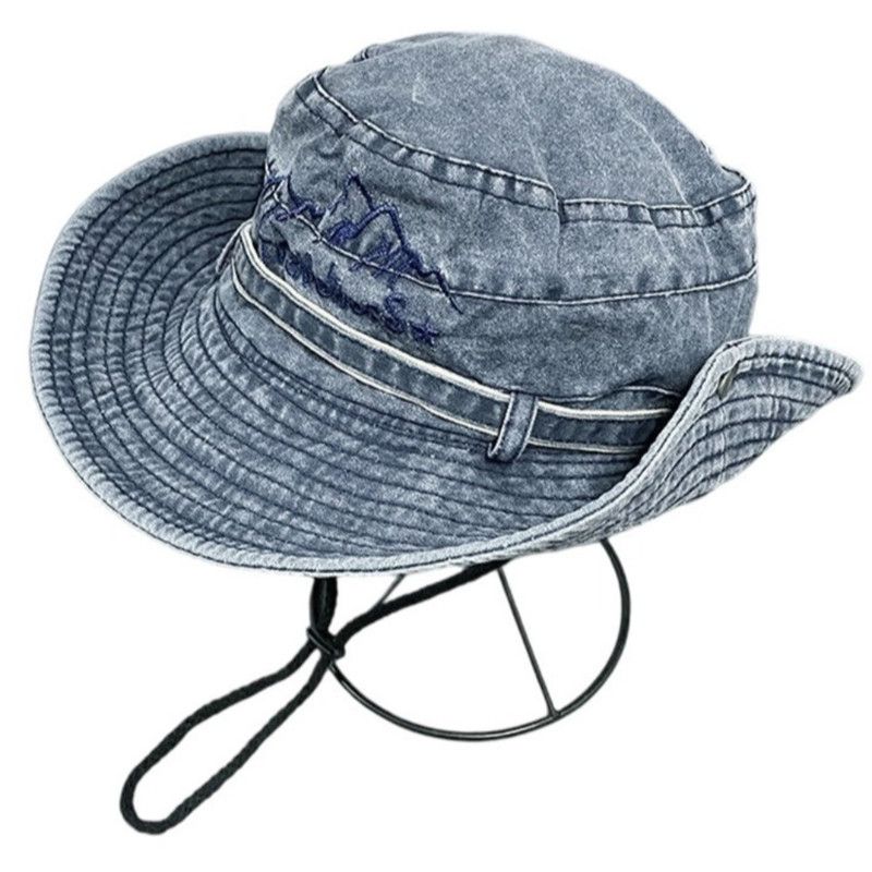 Vintage Washed Embroidered Bucket Hat, Wide-Brim Sun Hat with Drawstring for Hiking and Outdoor Activities - Blue - Image 1