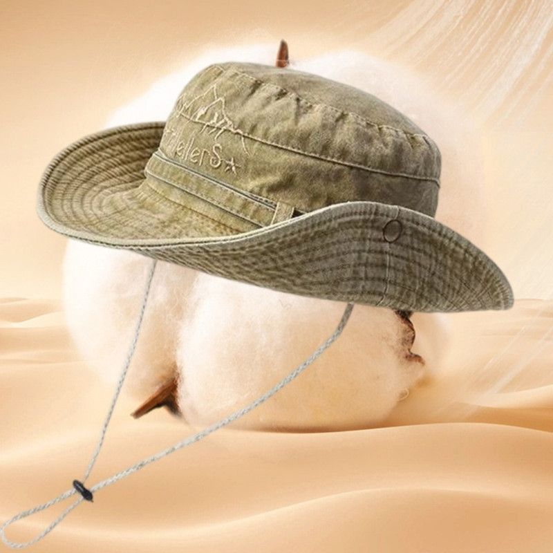 Vintage Washed Embroidered Bucket Hat, Wide-Brim Sun Hat with Drawstring for Hiking and Outdoor Activities - Blue - Image 4