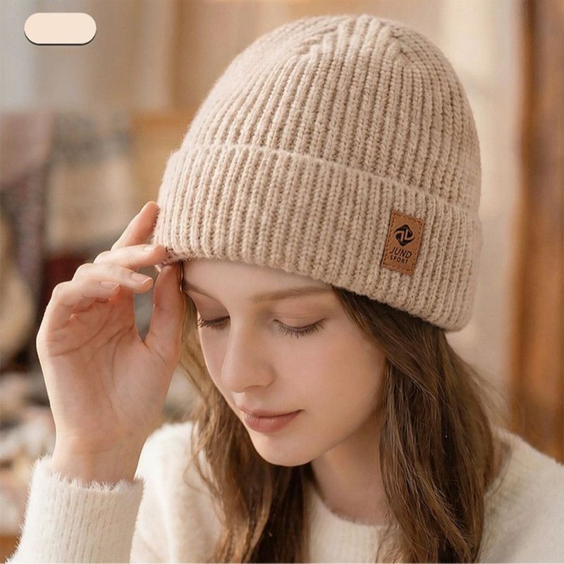 Double Fleece-Lined Vertical Stripe Knit Beanie, Unisex Thick Warm Winter Outdoor Cold-Proof Wool Hat—Beige - Image 1