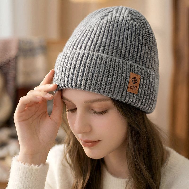 Double Fleece-Lined Vertical Stripe Knit Beanie, Unisex Thick Warm Winter Outdoor Cold-Proof Wool Hat—Gray - Image 1