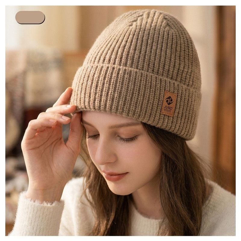 Double Fleece-Lined Vertical Stripe Knit Beanie, Unisex Thick Warm Winter Outdoor Cold-Proof Wool Hat - Khaki - Image 1