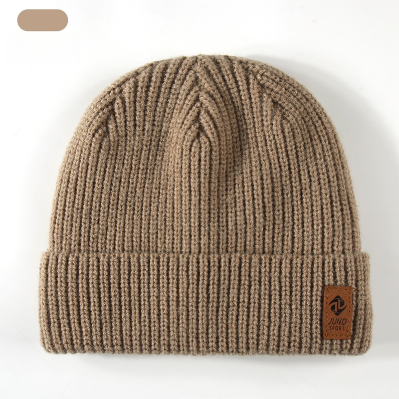 Double Fleece-Lined Vertical Stripe Knit Beanie, Unisex Thick Warm Winter Outdoor Cold-Proof Wool Hat - Khaki - Image 2