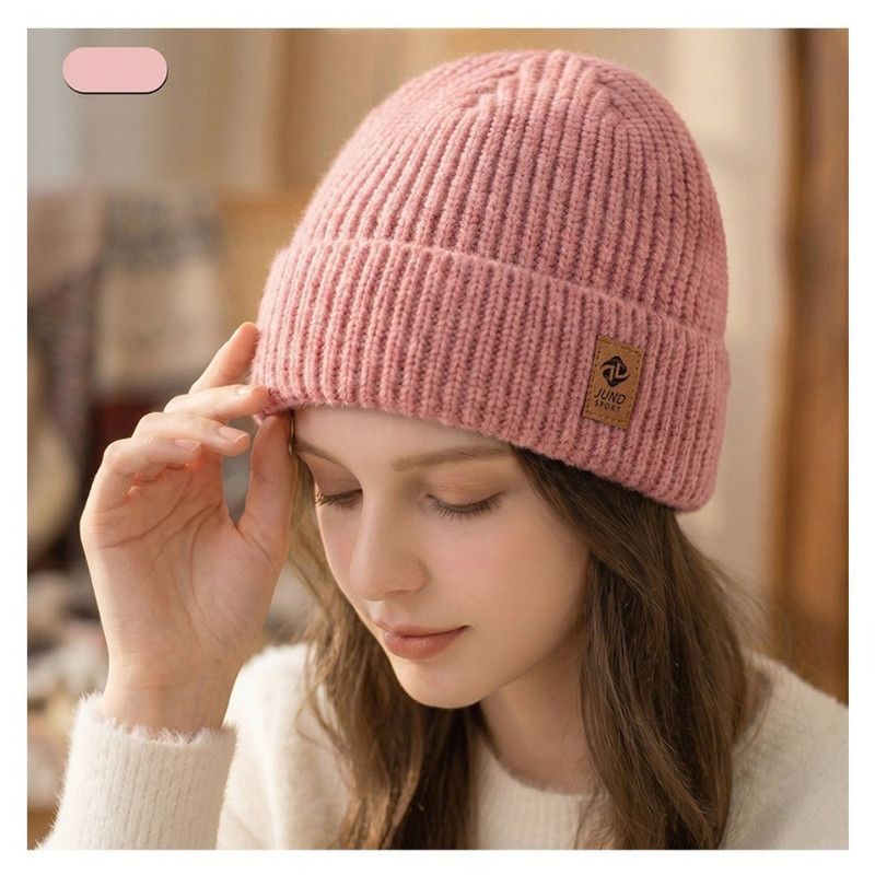 Double Fleece-Lined Vertical Stripe Knit Beanie, Unisex Thick Warm Winter Outdoor Cold-Proof Wool Hat - Pink - Image 1
