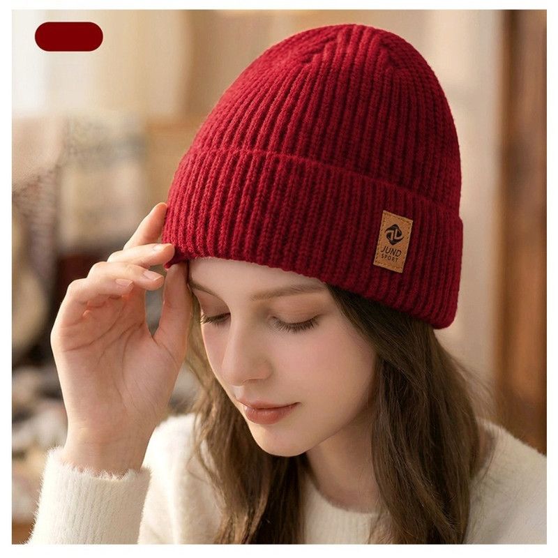 Double Fleece-Lined Vertical Stripe Knit Beanie, Unisex Thick Warm Winter Outdoor Cold-Proof Wool Hat - Red - Image 1