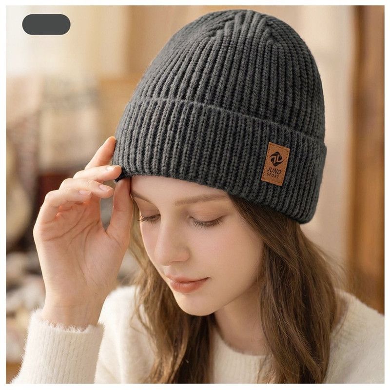 Double Fleece-Lined Vertical Stripe Knit Beanie, Unisex Thick Warm Winter Outdoor Cold-Proof Wool Hat - Dark Gray - Image 1