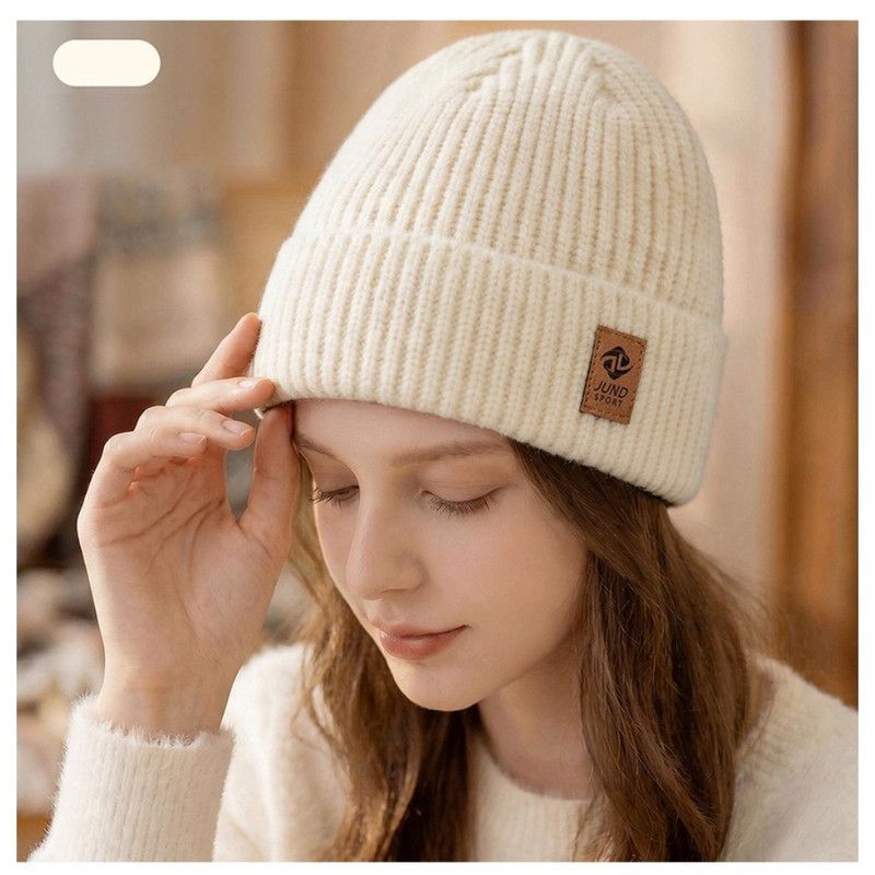 Double Fleece-Lined Vertical Stripe Knit Beanie, Unisex Thick Warm Winter Outdoor Cold-Proof Wool Hat - White - Image 1