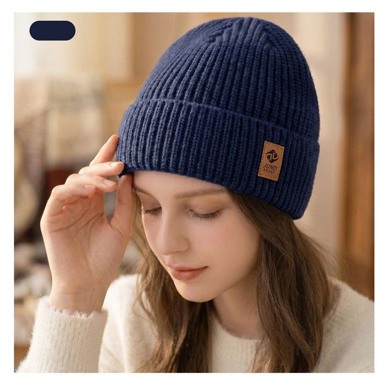 Double Fleece-Lined Vertical Stripe Knit Beanie, Unisex Thick Warm Winter Outdoor Cold-Proof Wool Hat - Navy Blue - Image 1