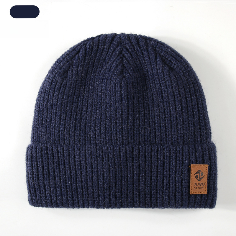 Double Fleece-Lined Vertical Stripe Knit Beanie, Unisex Thick Warm Winter Outdoor Cold-Proof Wool Hat - Navy Blue - Image 2
