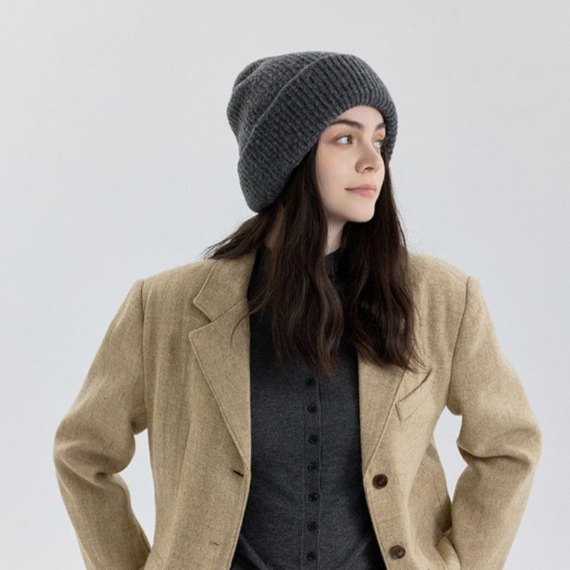 Solid Color Knit Beanie, Unisex Minimal Cuffed Warm Winter Hat with Slim Face Design—Apricot - Image 4