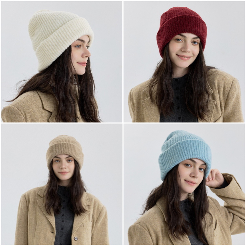 Solid Color Knit Beanie, Unisex Minimal Cuffed Warm Winter Hat with Slim Face Design—Apricot - Image 5