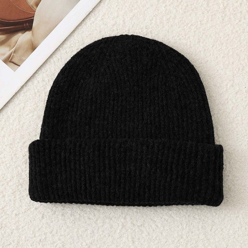 Solid Color Knit Beanie, Unisex Minimal Cuffed Warm Winter Hat with Slim Face Design - Black - Image 1