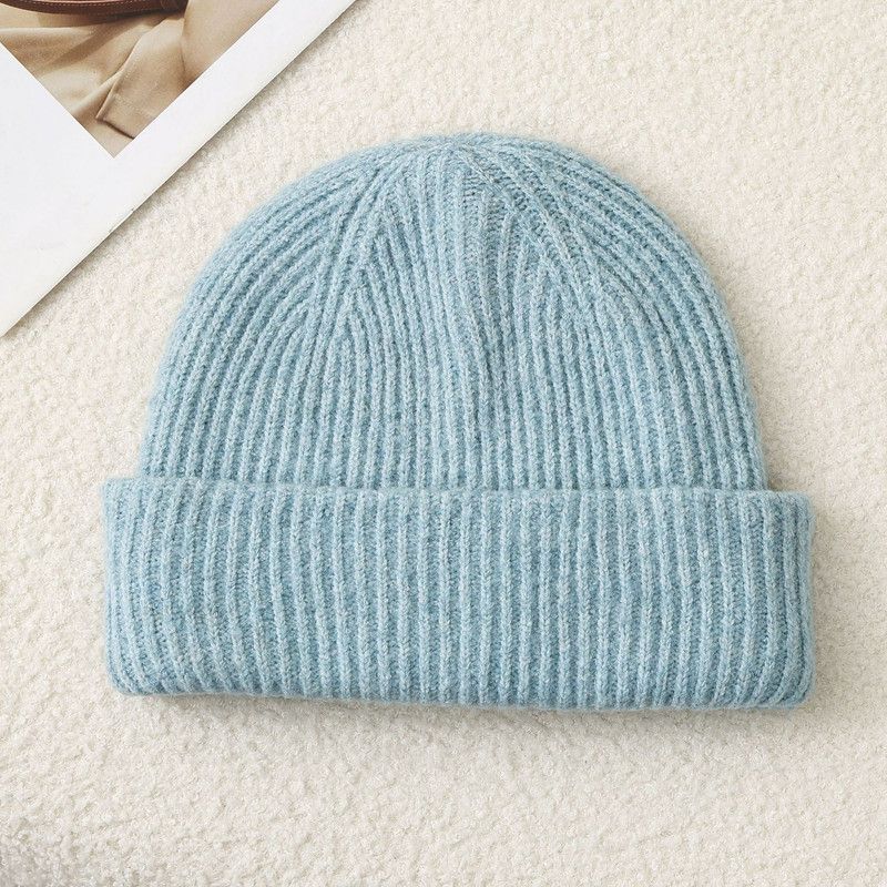 Solid Color Knit Beanie, Unisex Minimal Cuffed Warm Winter Hat with Slim Face Design - Blue - Image 1