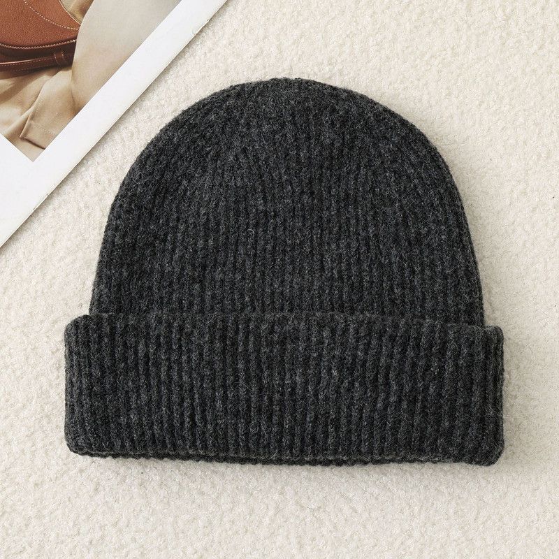 Solid Color Knit Beanie, Unisex Minimal Cuffed Warm Winter Hat with Slim Face Design—Gray - Image 1
